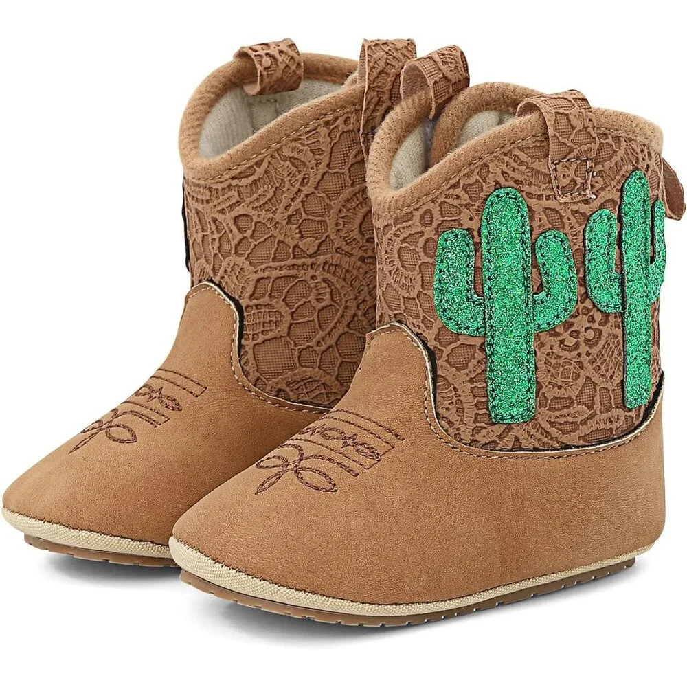 Infant Toddler Khaki Cacti Faux Leather Western Rubber Sole Tassel Booties - Picture 1 of 6